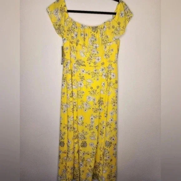Gianni Bini Aida Floral  Print Off Shoulder Dress Yellow / Ivory Size L NWT - Picture 4 of 15